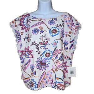 NWT Ellen Tracy Linen Blend Mixed Botanical Scalloped Hem Top Sz L